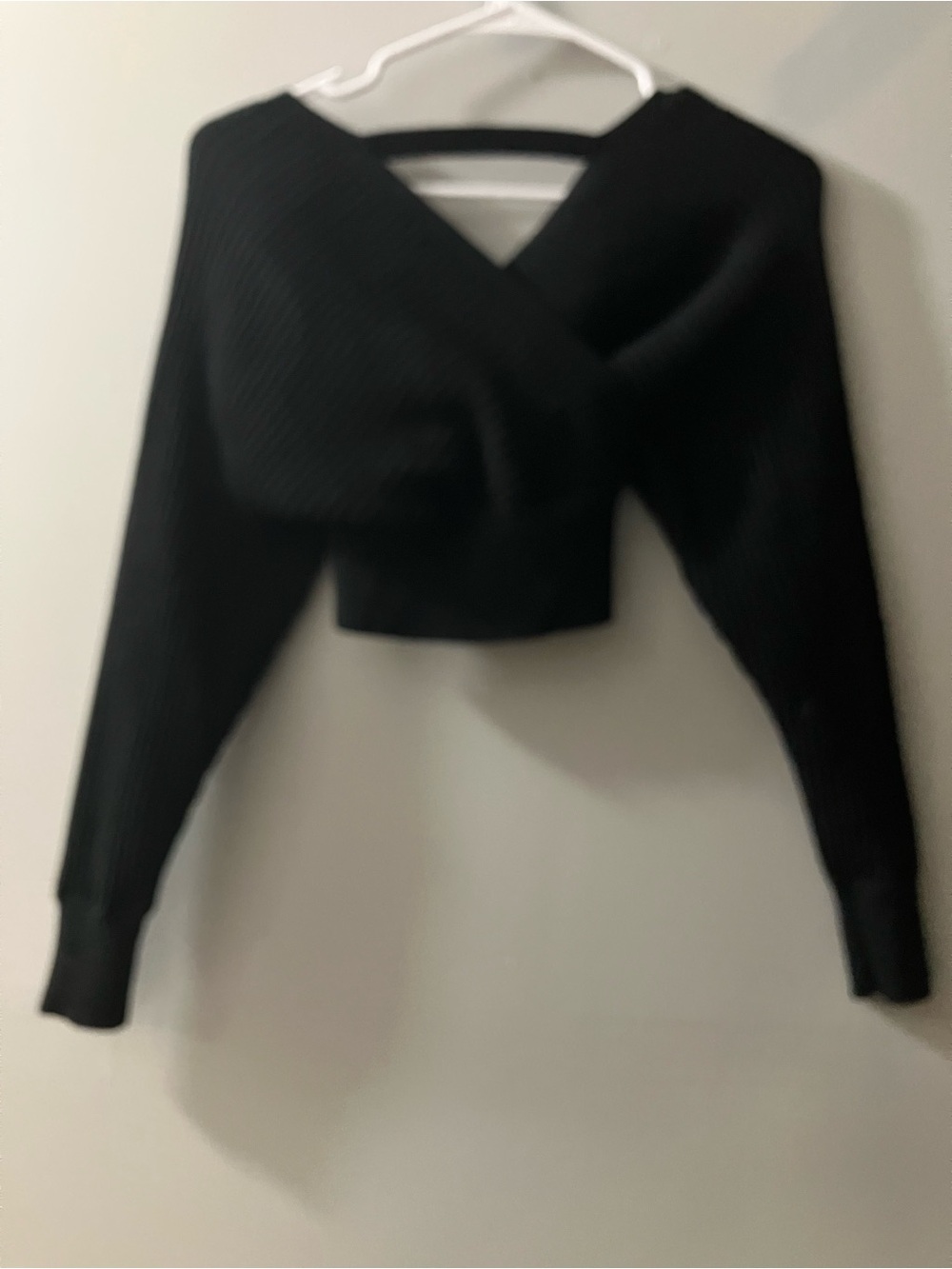 Black Ribbed Cropped Wrap Sweater - Picture 3 of 3
